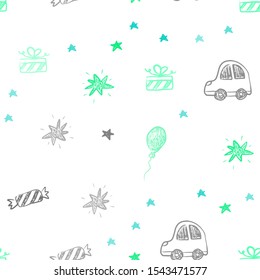 Light Green vector seamless backdrop in holiday style. Shining illustration with a toy car, baloon, candy, star, ball. Design for colorful commercials.