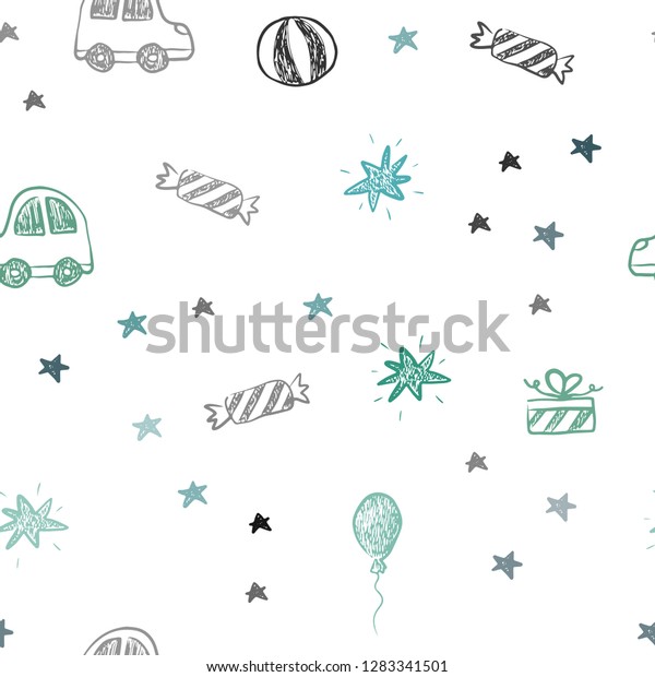 Light Green vector seamless backdrop in\
holiday style. Design in xmas style with a toy car, baloon, candy,\
star, ball. Pattern for birthday\
gifts.