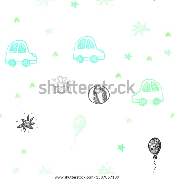 Light Green vector seamless
backdrop in holiday style. Shining illustration with a toy car,
baloon, candy, star, ball. Template for new year
postcards.