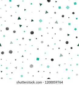Light Green vector seamless background with triangles, circles, cubes. Decorative design in abstract style with lines, dots, cubes. Pattern for design of window blinds, curtains.