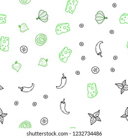 Light Green vector seamless background with tasty food. Illustration with set of fresh food in doodle style. Doodle design for your business advert of cafes.