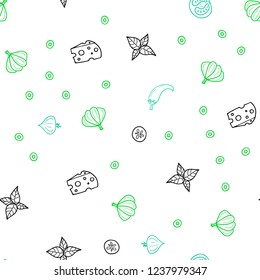 Light Green vector seamless background with tasty food. Blurred decorative design of snacks in doodle style. Template for meal cooking in kitchen.