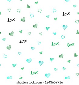 Light Green vector seamless background with words of love, hearts. Illustration with phrase LOVE YOU, hearts for valentine's day. Pattern for design of fabric, wallpapers.