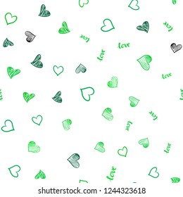 Light Green vector seamless background with words of love, hearts. Design in doodle style with text LOVE YOU, hearts. Pattern for trendy fabric, wallpapers.
