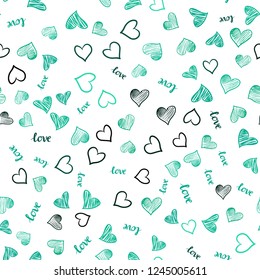 Light Green vector seamless background with words of love, hearts. Design in doodle style with text LOVE YOU, hearts. Design for wallpaper, fabric makers.