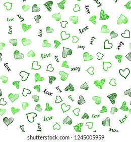 Light Green vector seamless background with words of love, hearts. Illustration with phrase LOVE YOU, hearts for valentine's day. Texture for window blinds, curtains.