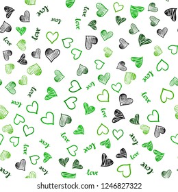 Light Green vector seamless background with words of love, hearts. Illustration with words of love, hearts in abstract style. Pattern for design of fabric, wallpapers.