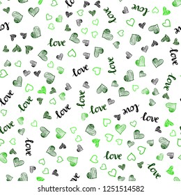 Light Green vector seamless background with words of love, hearts. Colorful illustration with quote LOVE YOU, hearts. Pattern for trendy fabric, wallpapers.