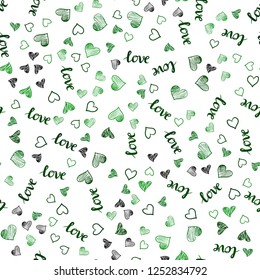 Light Green vector seamless background with words of love, hearts. Illustration with words of love, hearts in abstract style. Template for business cards, websites.