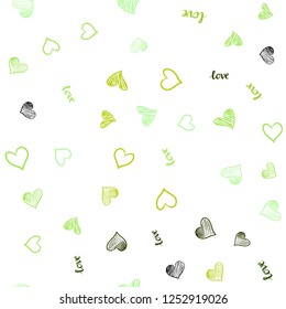 Light Green vector seamless background with words of love, hearts. Colorful gradient phrase LOVE YOU, hearts in abstract style. Pattern for design of fabric, wallpapers.