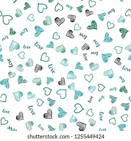 Light Green vector seamless background with words of love, hearts. Design in doodle style with text LOVE YOU, hearts. Template for business cards, websites.
