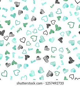 Light Green vector seamless background with words of love, hearts. Design in doodle style with text LOVE YOU, hearts. Design for wallpaper, fabric makers.