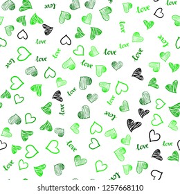 Light Green vector seamless background with words of love, hearts. Colorful gradient phrase LOVE YOU, hearts in abstract style. Pattern for design of fabric, wallpapers.