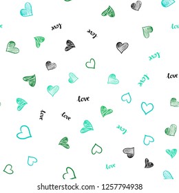 Light Green vector seamless background with words of love, hearts. Romantic illustration with colorful phrase LOVE YOU, hearts. Template for business cards, websites.
