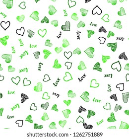 Light Green vector seamless background with words of love, hearts. Illustration with phrase LOVE YOU, hearts for valentine's day. Pattern for design of fabric, wallpapers.