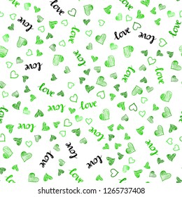 Light Green vector seamless background with words of love, hearts. Colorful gradient phrase LOVE YOU, hearts in abstract style. Design for wallpaper, fabric makers.