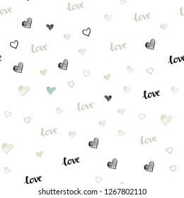Light Green vector seamless background with words of love, hearts. Design in doodle style with text LOVE YOU, hearts. Template for business cards, websites.