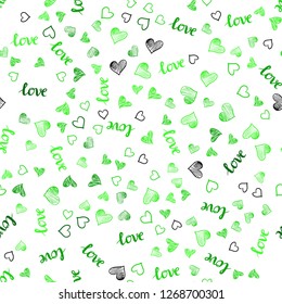 Light Green vector seamless background with words of love, hearts. Romantic illustration with colorful phrase LOVE YOU, hearts. Texture for window blinds, curtains.
