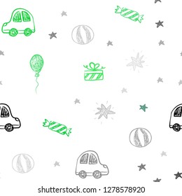 Light Green vector seamless background in xmas style. Design in xmas style with a toy car, baloon, candy, star, ball. Pattern for birthday gifts.