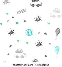 Light Green vector seamless background in xmas style. Illustration with a gradient toy car, baloon, candy, star, ball. Pattern for birthday gifts.
