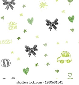 Light Green vector seamless background with xmas attributes. Illustration with a gradient toy car, heart, baloon, tulip, candy, ball. Design for colorful commercials.