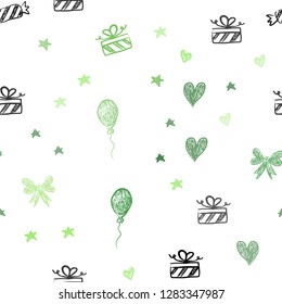 Light Green vector seamless background in xmas style. Abstract illustration with aheart, baloon, candy, gift, star, ribbon. Pattern for birthday gifts.