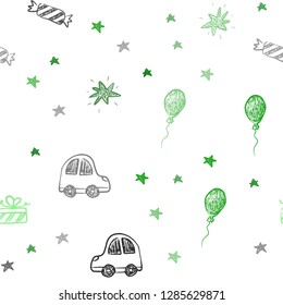 Light Green vector seamless background in xmas style. Shining illustration with a toy car, baloon, candy, star, ball. Design for holiday adverts.