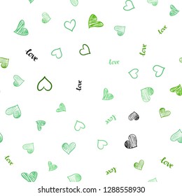 Light Green vector seamless background with words of love, hearts. Design in doodle style with text LOVE YOU, hearts. Design for wallpaper, fabric makers.