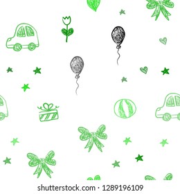 Light Green vector seamless background with xmas attributes. Illustration with a colorful toy car, heart, baloon, tulip, candy, ball. Pattern for new year ads.