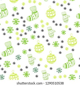 Light Green vector seamless background with xmas snowflakes, balls, socks, mittens. Colorful xmas elements with gradient. Texture for window blinds, curtains.