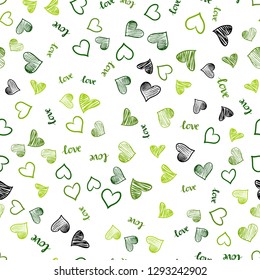 Light Green vector seamless background with words of love, hearts. Illustration with words of love, hearts in abstract style. Design for wallpaper, fabric makers.