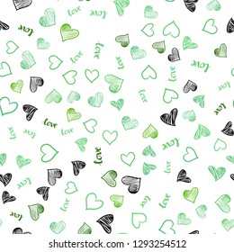 Light Green vector seamless background with words of love, hearts. Design in doodle style with text LOVE YOU, hearts. Texture for window blinds, curtains.