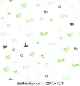 Light Green vector seamless background with words of love, hearts. Illustration with words of love, hearts in abstract style. Design for wallpaper, fabric makers.