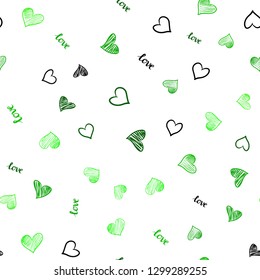 Light Green vector seamless background with words of love, hearts. Design in doodle style with text LOVE YOU, hearts. Pattern for trendy fabric, wallpapers.