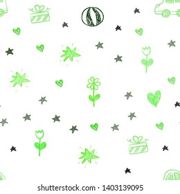 Light Green vector seamless background with xmas attributes. Illustration with a gradient toy car, heart, baloon, tulip, candy, ball. Design for holiday adverts.