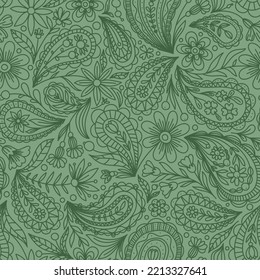 LIGHT GREEN VECTOR SEAMLESS BACKGROUND WITH GREEN PAISLEY CONTOUR PATTERN