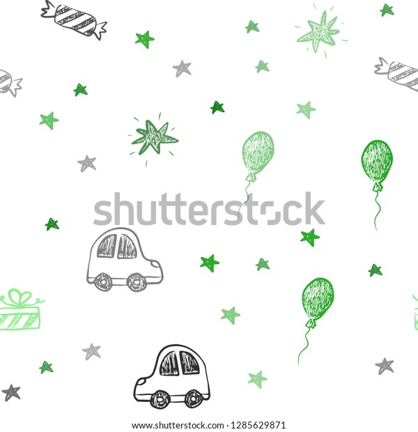 Light Green vector seamless background\
in xmas style. Shining illustration with a toy car, baloon, candy,\
star, ball. Design for holiday\
adverts.