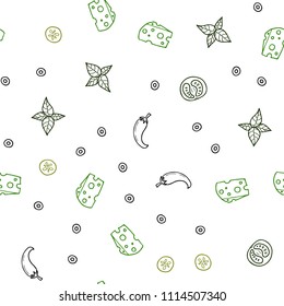 Light Green vector seamless cover with cuisine gourmet. Glitter abstract sketch with gourmet food. Design for ad, poster, banner of cafes or restaurants.