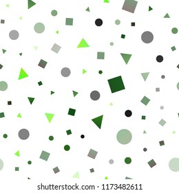 Light Green vector seamless cover in polygonal style with circles. Illustration with set of colorful circles, triangles, squares. Template for business cards, websites.