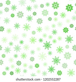 Light Green vector seamless cover with beautiful snowflakes. Decorative shining illustration with snow on abstract template. Trendy design for wallpaper, fabric makers.