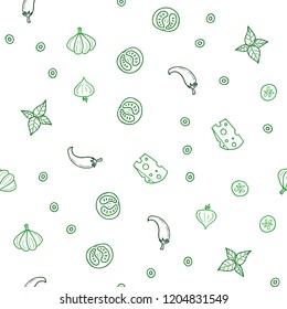 Light Green vector seamless cover with cuisine gourmet. Illustration with set of fresh food in doodle style. Pattern for menu of cafes, bars, restaurants.