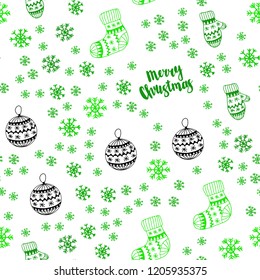 Light Green vector seamless cover with beautiful snowflakes, balls, socks, mittens. Glitter abstract illustration with gradient. Design for wallpaper, fabric makers.