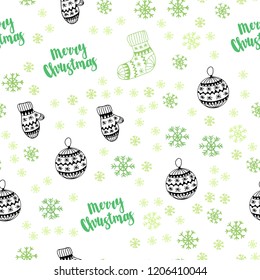 Light Green vector seamless cover with beautiful snowflakes, balls, socks, mittens. Modern geometric abstract illustration. Design for wallpaper, fabric makers.