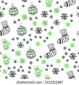 Light Green vector seamless cover with beautiful snowflakes, balls, socks, mittens. Modern geometric abstract illustration. Pattern for design of fabric, wallpapers.