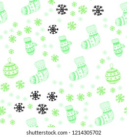 Light Green vector seamless cover with beautiful snowflakes, balls, socks, mittens. Modern geometric abstract illustration. Design for textile, fabric, wallpapers.