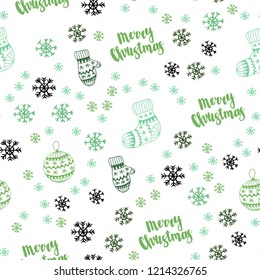 Light Green vector seamless cover with beautiful snowflakes, balls, socks, mittens. Glitter abstract illustration with gradient. Design for textile, fabric, wallpapers.