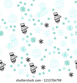 Light Green vector seamless cover with beautiful snowflakes, balls, socks, mittens. Shining colorful illustration in christmas style. Pattern for design of fabric, wallpapers.