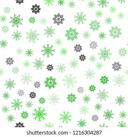 Light Green vector seamless cover with beautiful snowflakes. Snow on blurred abstract background with gradient. Pattern for trendy fabric, wallpapers.
