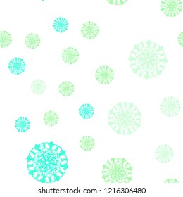 Light Green vector seamless cover with beautiful snowflakes. Decorative shining illustration with snow on abstract template. Template for business cards, websites.