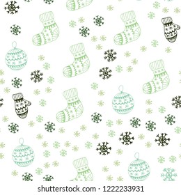 Light Green vector seamless cover with beautiful snowflakes, balls, socks, mittens. Shining colorful illustration in christmas style. Pattern for trendy fabric, wallpapers.
